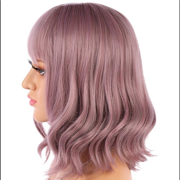 NEW Purple pink Short Wavy Bob with Bangs Wig - Picture 2 of 8